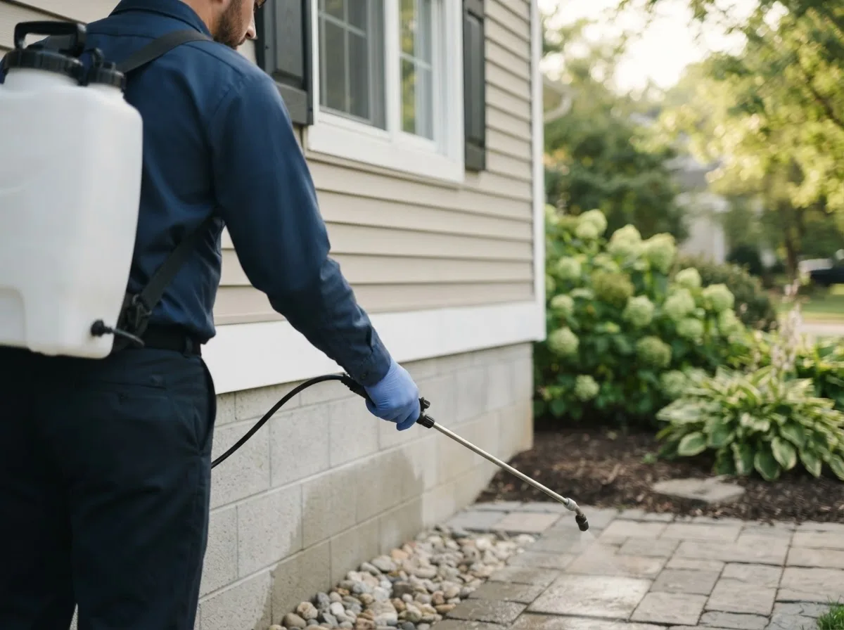 Pest control technician inspecting a home in Troy, TX